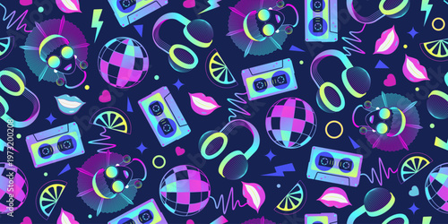 Fluorescent seamless retro pattern of 80s-90s with disco and music elements. Pop art disco banner.  Memphis style background. Vector illustration