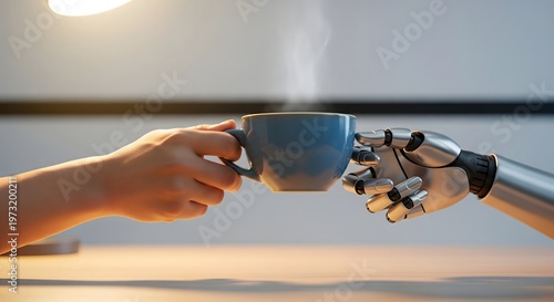 A human hand and a robotic hand holding a steaming cup of coffee together indoors.