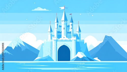 Enchanting Ice Castle Amidst Snowy Mountains and Frozen Lake.