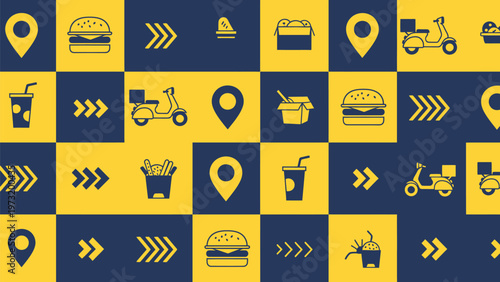 Fast food delivery service concept with scooters burgers fries drinks and location pins on a yellow and blue checkered