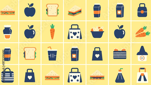 Assortment of flat design icons for food drinks and shopping set against a cheerful yellow grid background perfect