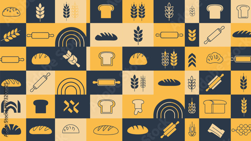 Seamless pattern of baking icons bread wheat rolling pins and chef hats arranged in a colorful mosaic grid for bakery
