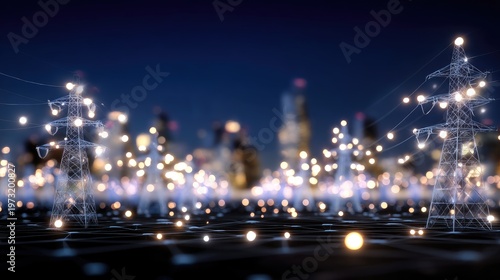 Digital Landscape at Night Featuring Electricity Towers and Soft Glowing Lights in a Futuristic City Setting