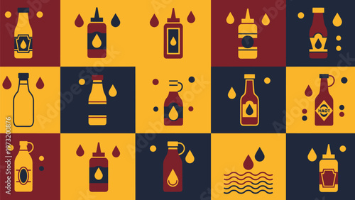 Assorted condiment bottles and drips vector icons collection on geometric background food sauce packaging