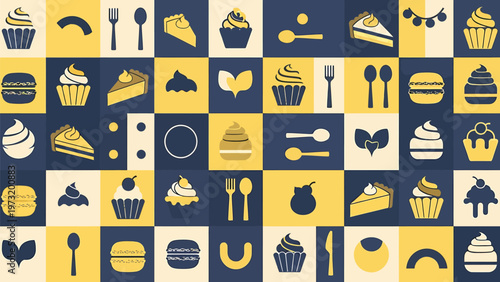 Sweet desserts and savory burgers collage pattern flat design icons seamless repeating vector background for food