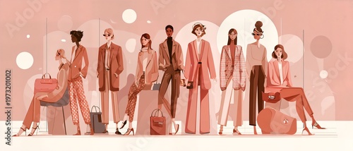 Fashion Forward: A stylish assembly of fashion-conscious individuals showcases contemporary attire, exuding elegance and trendsetting flair. This image offers a glimpse into a world of style, poise.