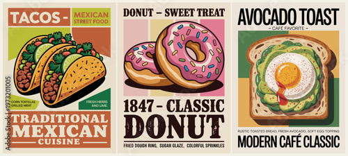 Colorful food posters display classic snacks. Tacos, donuts, and avocado toast shown with bold text. Each dish has vintage design elements. Perfect for cafes, restaurants, or food-themed campaigns
