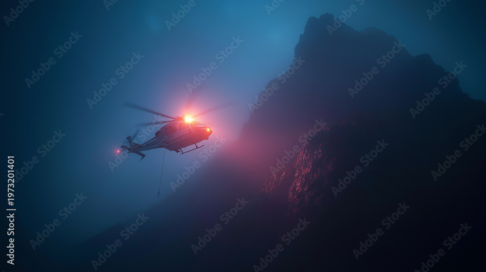 Naklejka premium Aerial Ascent: A helicopter navigates a twilight landscape, bathed in an eerie glow. The scene speaks of resilience amidst a daunting journey.