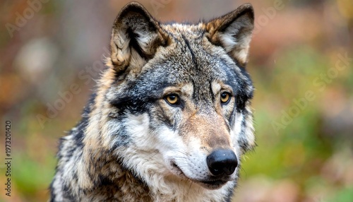Close-up portrait of a majestic wolf with intense eyes in a natural forest setting.