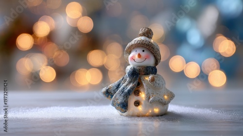 Cheerful Snowman Figurine with Warm Lights on Snowy Surface with Beautiful Bokeh Background in Holiday Season Celebration