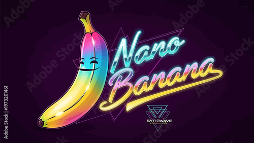 Vibrant anthropomorphic rainbow banana with a cheerful face stylized text nano banana and synthwave logo against a dark