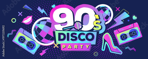 Retro fluorescent disco poster or banner of 80s-90s with audio cassettes, disco ball, chupa chups, high heels and smiling lips. Memphis style background. Vector illustration