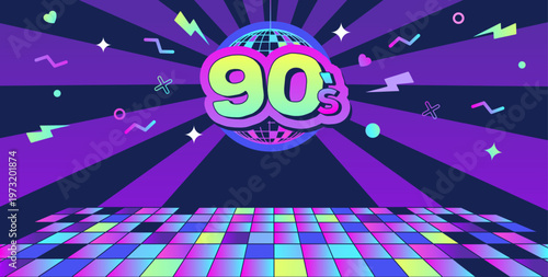Retro fluorescent poster or banner of 80s-90s with disco ball and holographic dance floor. Memphis style background. Vector illustration