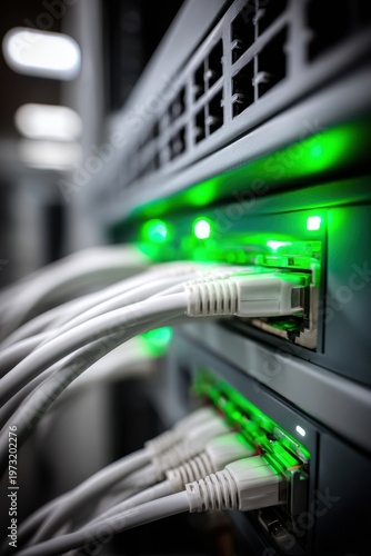 Close-up of network cables plugged into a server rack with glowing green status lights