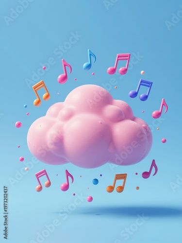 Pink Cloud with Colorful Music Notes Floating in 3D Illustration