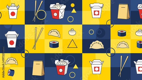 Seamless pattern of delicious asian takeout food containers sushi rolls dumplings and chopsticks on a checkered blue