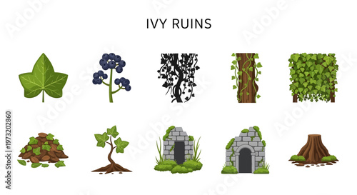 Ivy ruins and overgrown structures illustration.