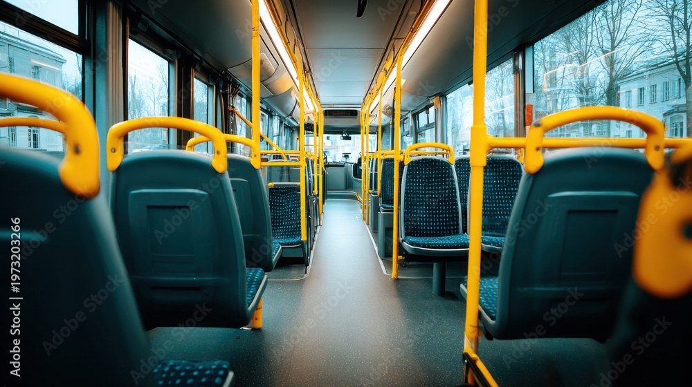 Fototapeta premium Empty Public Transportation Bus Interior with Blue Seats and Yellow Handrails, City Commute