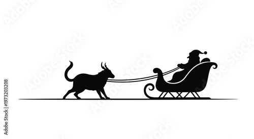 Santa Claus silhouette sits in a sleigh pulled by a dog instead of reindeer in this whimsical holiday graphic.