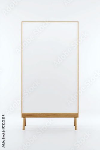 Minimalist room divider with light wood frame and translucent panel on white background, modern interior design