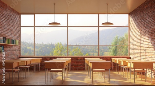 Empty classroom with wooden desks bathed in warm sunlight, offering a scenic mountain view through large windows.