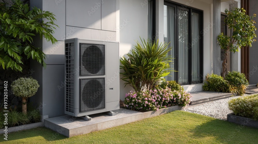 Naklejka premium Outdoor heat pump beside glass doors and plants in modern home facade with lush garden and trimmed lawn. Sunlit scene showcases energy efficient inverter compressor and condenser near patio, conveying