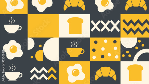 Whimsical geometric breakfast pattern with coffee fried eggs croissants and toast in a playful retro style