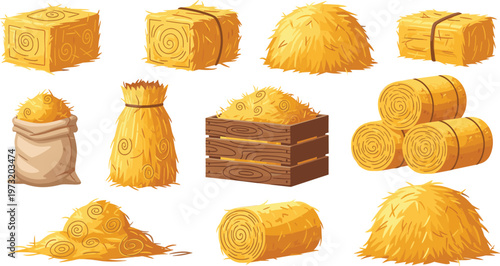 Hay Bale Collection Featuring Straw Bundles Stacks and Agricultural Storage Elements for Farming Harvest Rural Illustration and Organic Material Design Set