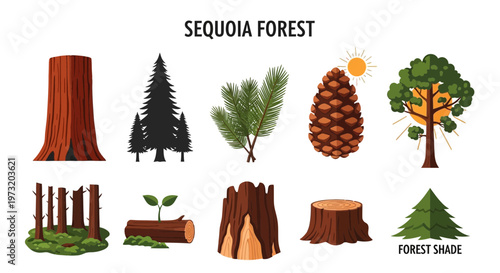 Sequoia forest trees and elements illustration.