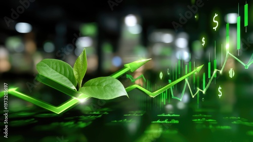 Green Growth Concept with Leaves and Financial Graph Reflecting Eco-Friendly Investment Trends in Modern Economy