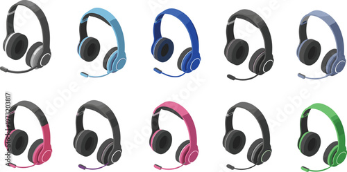 Headphone Collection Featuring Gaming Headsets with Microphone Wireless Audio Devices and Modern Listening Accessories for Music Communication and Technology Illustration Set