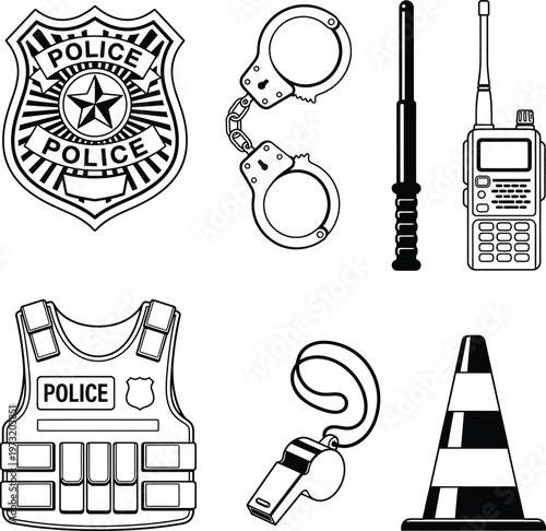 Flat design police equipment icons set close up showing patrol car badge, handcuffs, baton, radio, body vest, whistle, traffic cone