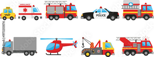 Colorful Cartoon Emergency and Utility Vehicles Set with Ambulance, Fire Truck, Police Car, Helicopter, and Tow Truck in Fun Vector Art