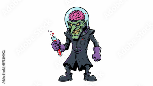 Mad Scientist Goblin Character Holding Test Tube with Exposed Brain