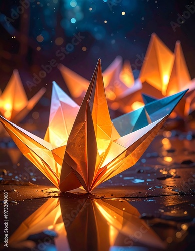 Glowing paper stars on wet ground at night