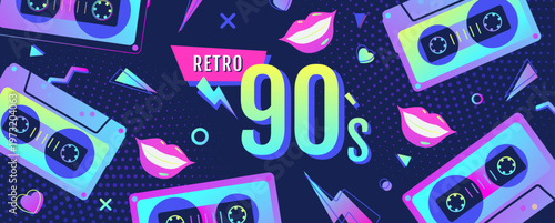 Retro fluorescent disco poster or banner of 80s-90s with audio cassettes and smiling lips. Memphis style background. Vector illustration