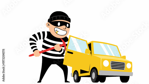 Car thief breaking into yellow vehicle with tool