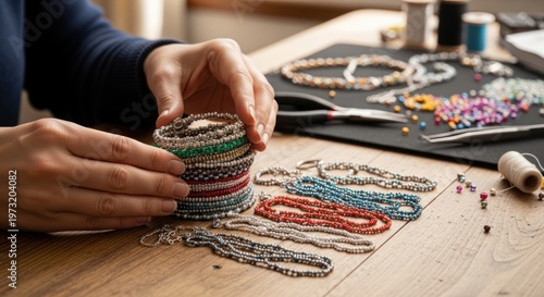 Jewelry Making Process with Colorful Glass Beads on a Wooden Workspace