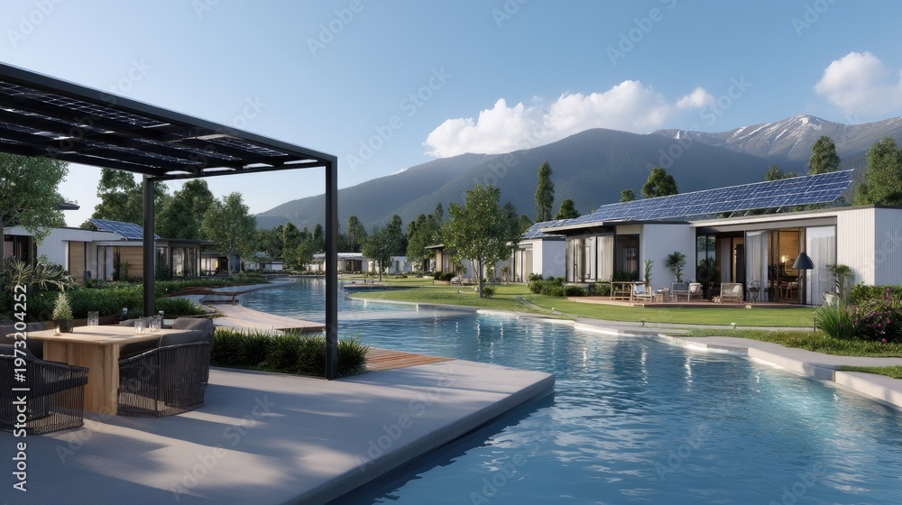 Fototapeta premium Modern Sustainable Housing Community Near Calm Water With Solar Panels and Lush Greenery
