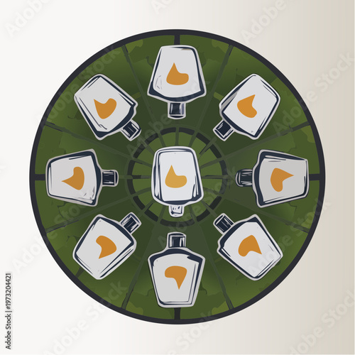 Circular arrangement of stylized perfume bottles with golden liquid.