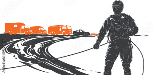 Emergency Response Illustration Featuring Firefighter, Rescue Operation, and Emergency Vehicles for Safety, Firefighting, and First Responder Designs