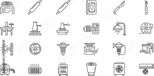 Heating Ventilation and Air Conditioning Line Icon Set Featuring HVAC Systems Radiators Fans Airflow Devices and Climate Control Equipment for Home Design Collection