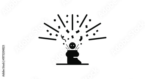 Person celebrates with confetti exploding from an open gift box in this minimalist black and white vector graphic.