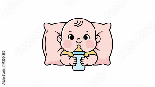 Baby Character Holding Feeding Bottle Lying on Pink Pillow