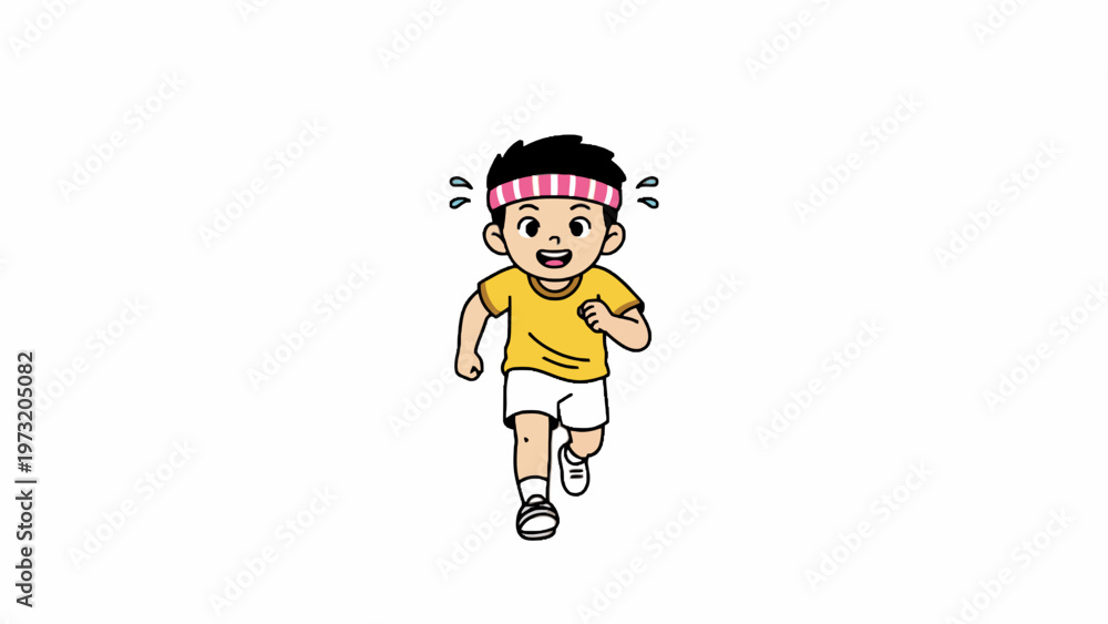 Fototapeta premium Cartoon boy jogging wearing headband isolated on white background
