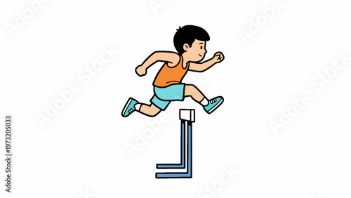Boy athlete jumping over hurdle isolated on white background