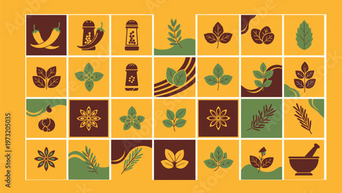 Flat vector illustrations of herbs spices and culinary elements on a grid representing fresh ingredients and kitchen