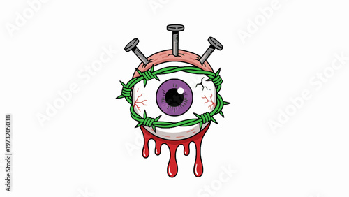 Eyeball with Barbed Wire and Nails Dripping Blood Illustration