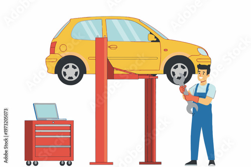 Mechanic Repairing Yellow Car on Hydraulic Hoist with Wrench