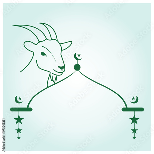 Minimalist Eid Al-Adha Line Art Goat Head with Mosque Dome and Crescent Moon Illustration